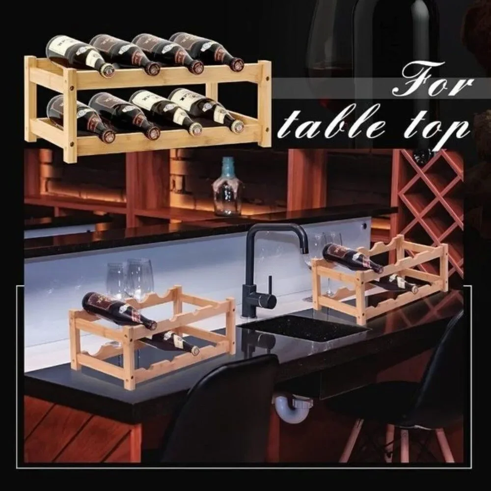 Countertop Standing 8 Wine Bottle Holder Rack Wooden 2 Tier